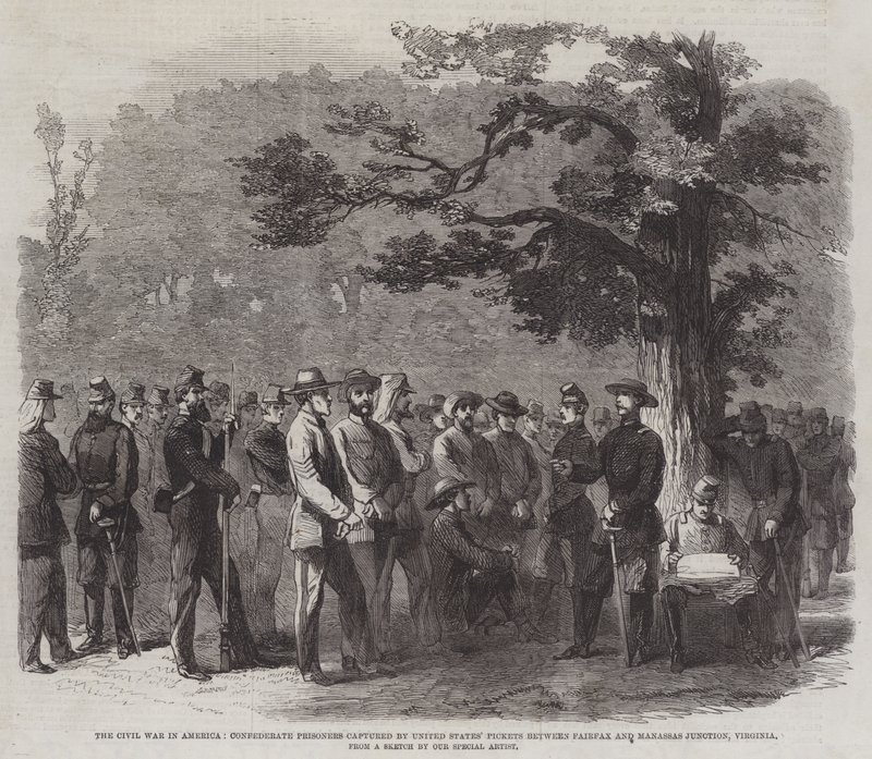 Der Bürgerkrieg in Amerika, konföderierte Gefangene, gefangen von US-Pickets zwischen Fairfax und Manassas Junction, Virginia von English School