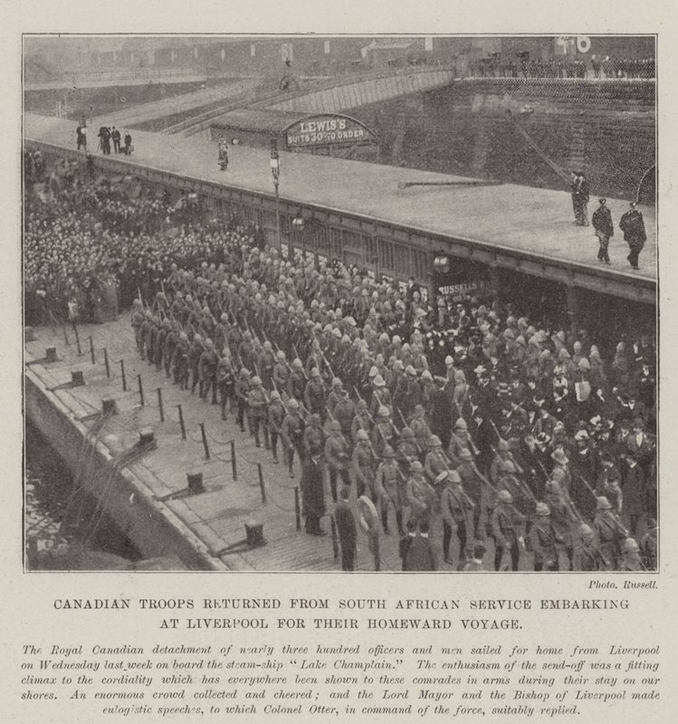 Kanadische Truppen, die vom südafrikanischen Dienst zurückgekehrt sind, gehen in Liverpool an Bord für ihre Heimreise von English Photographer