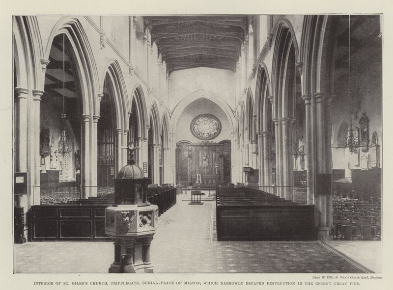 Innenraum der St. Giles Kirche, Cripplegate, Begräbnisstätte von Milton, die knapp der Zerstörung im jüngsten großen Feuer entging von English Photographer