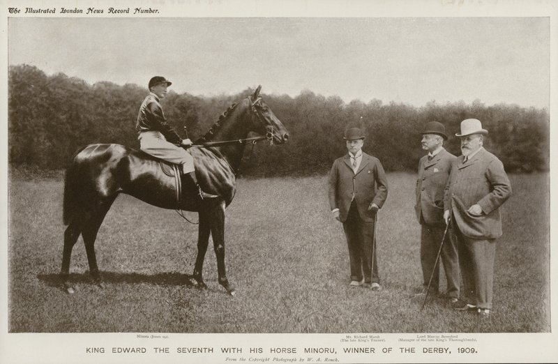 König Edward VII. mit seinem Pferd Minoru, Gewinner des Derbys von English Photographer