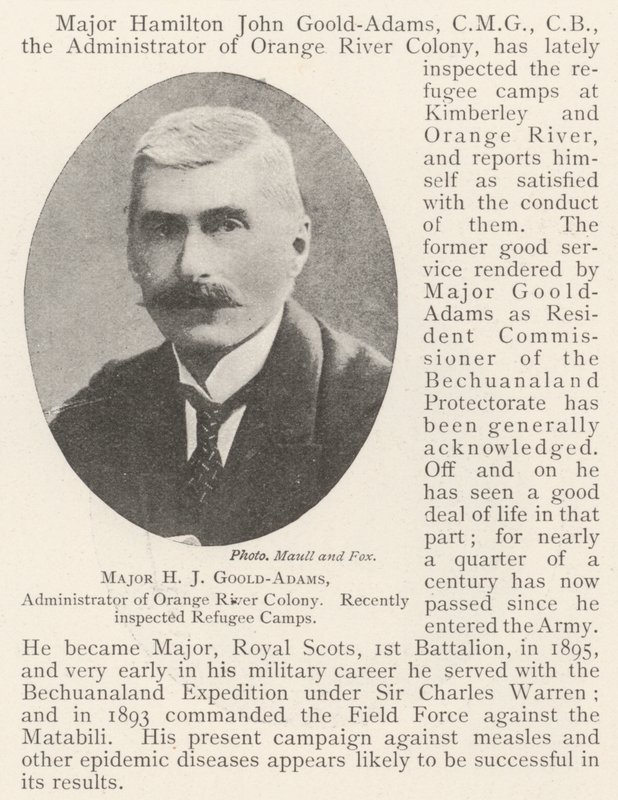 Major H. J. Goold-Adams, Administrator der Orange River Colony, kürzlich Inspektion der Flüchtlingslager von English Photographer
