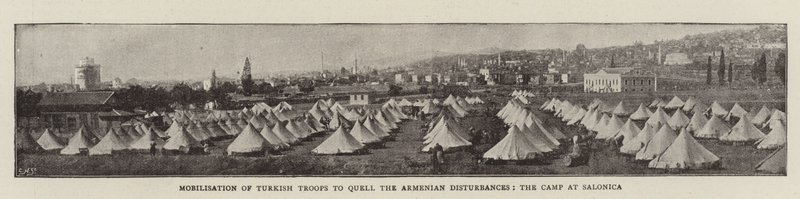 Mobilisierung türkischer Truppen zur Niederschlagung der armenischen Unruhen, das Lager in Saloniki von English Photographer