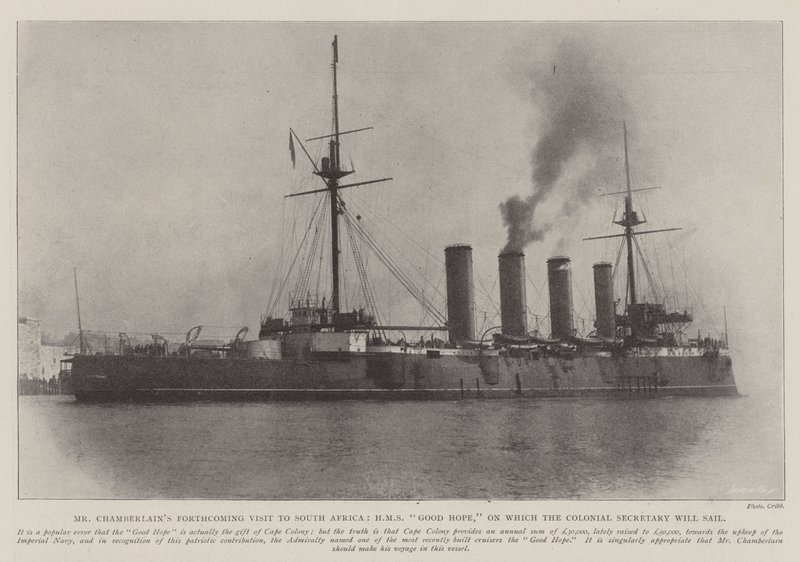 Herr Chamberlains bevorstehender Besuch in Südafrika, HMS Good Hope, auf der der Kolonialsekretär segeln wird von English Photographer