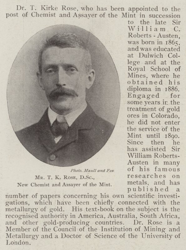 Herr T. K. Rose, DSc, neuer Chemiker und Prüfer der Münze von English Photographer