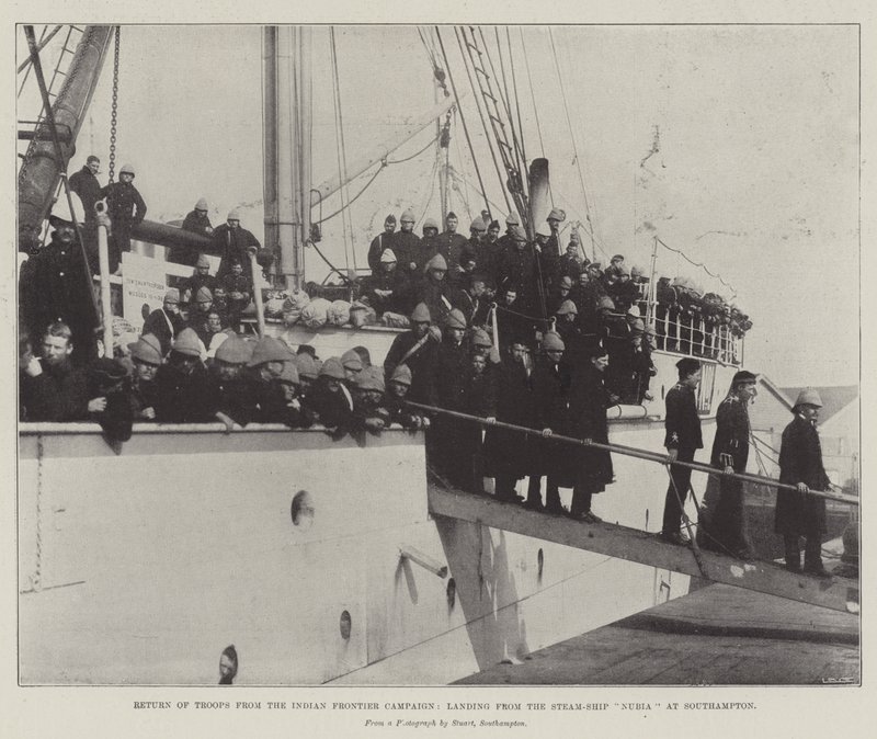 Rückkehr der Truppen von der indischen Grenzkampagne, Landung vom Dampfschiff Nubia in Southampton von English Photographer