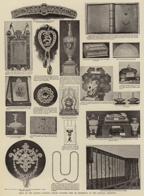 Einige der Diamantjubiläumsgeschenke der Königin, die jetzt im Imperial Institute ausgestellt sind von English Photographer