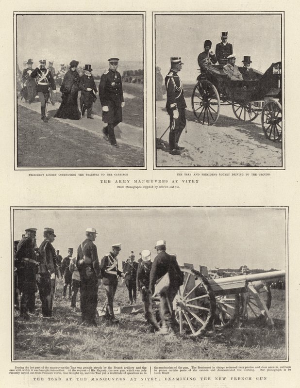 Die Armeemanöver in Vitry, der Zar bei den Manövern in Vitry, Untersuchung der neuen französischen Kanone von English Photographer