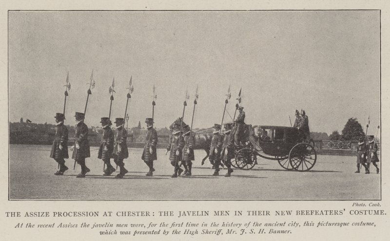 Die Assize-Prozession in Chester, die Javelin-Männer in ihren neuen Beefeater-Kostümen von English Photographer