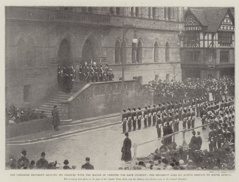 Das Cheshire Regiment übergibt seine Farben dem Bürgermeister von Chester zur sicheren Verwahrung, das Regiment geht in den aktiven Dienst nach Südafrika von English Photographer