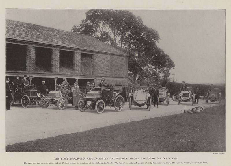 Das erste Autorennen in England bei Welbeck Abbey, Vorbereitung für den Start von English Photographer