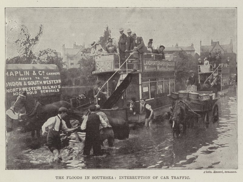 Die Überschwemmungen in Southsea, Unterbrechung des Autoverkehrs von English Photographer
