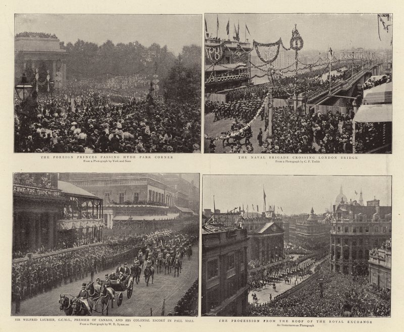 Die ausländischen Prinzen passieren Hyde Park Corner, Sir Wilfrid Laurier, GCMG, Premierminister von Kanada, und die Kolonialeskorte in Pall Mall, die Marinebrigade überquert die London Bridge, die Prozession vom Dach des von English Photographer