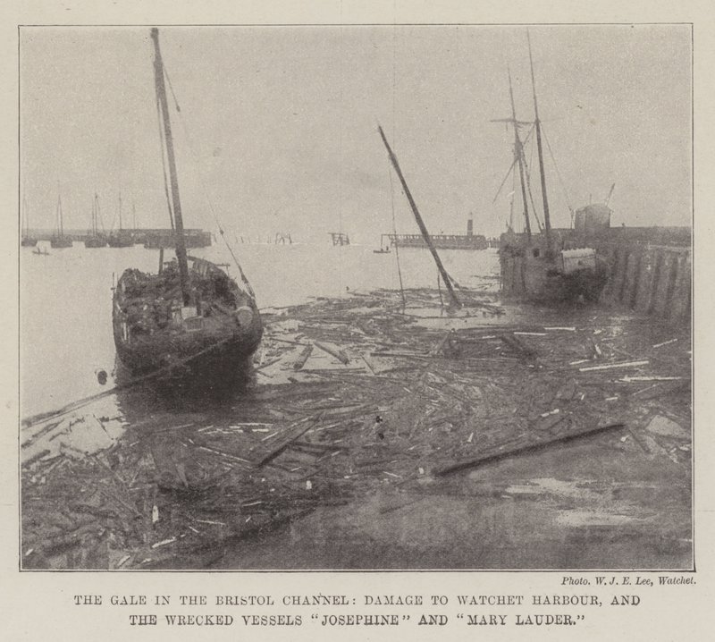 Der Sturm im Bristolkanal, Schäden am Watchet-Hafen und die gestrandeten Schiffe Josephine und Mary Lauder von English Photographer