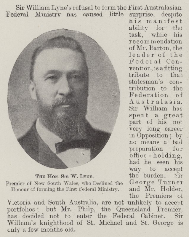 Der ehrenwerte Sir W Lyne, Premier von New South Wales, der die Ehre ablehnte, das erste Bundesministerium zu bilden von English Photographer