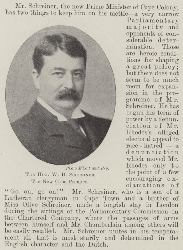 Der ehrenwerte W. D. Schreiner, der neue Premierminister des Kaps von English Photographer