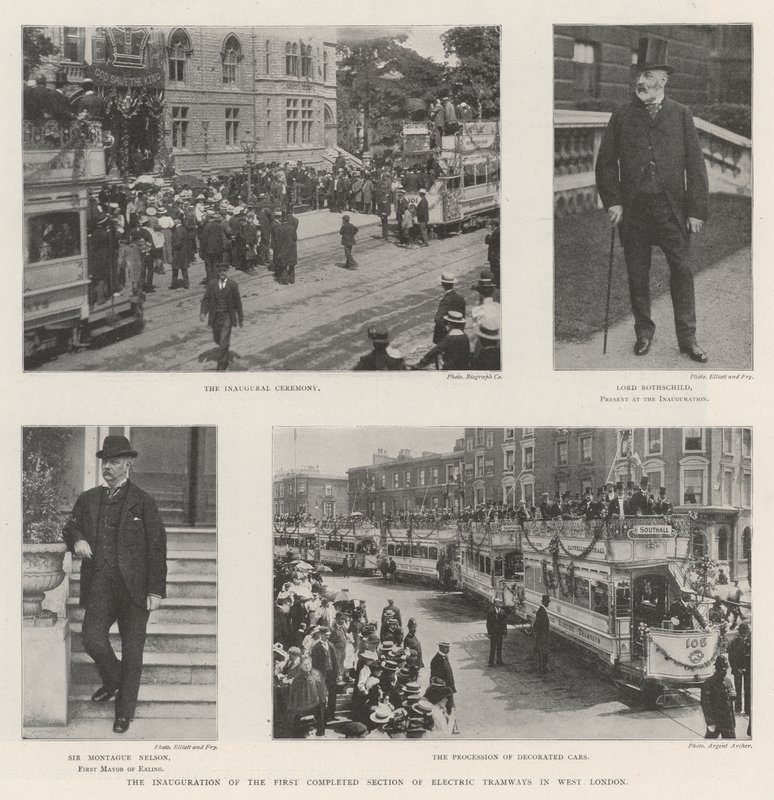 Die Einweihung des ersten fertiggestellten Abschnitts der elektrischen Straßenbahnen in West-London von English Photographer