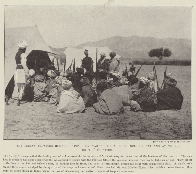 Die indischen Grenzaufstände, Frieden oder Krieg? Jirga oder Rat der Pathanen in Thull, an der Grenze von English Photographer