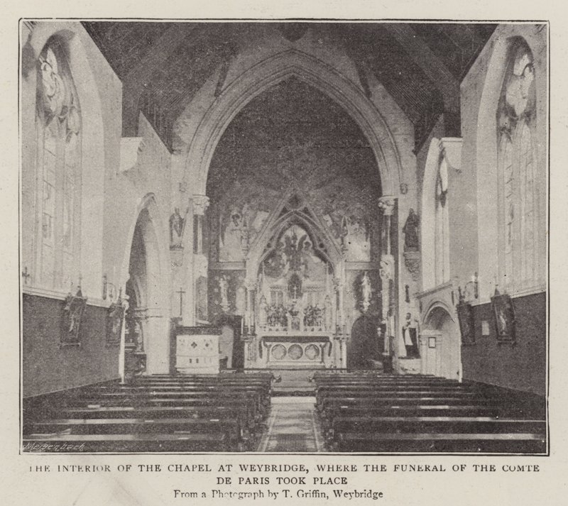 Das Innere der Kapelle in Weybridge, wo die Beerdigung des Grafen von Paris stattfand von English Photographer