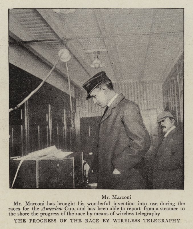 Der Fortschritt des Rennens durch drahtlose Telegrafie von English Photographer