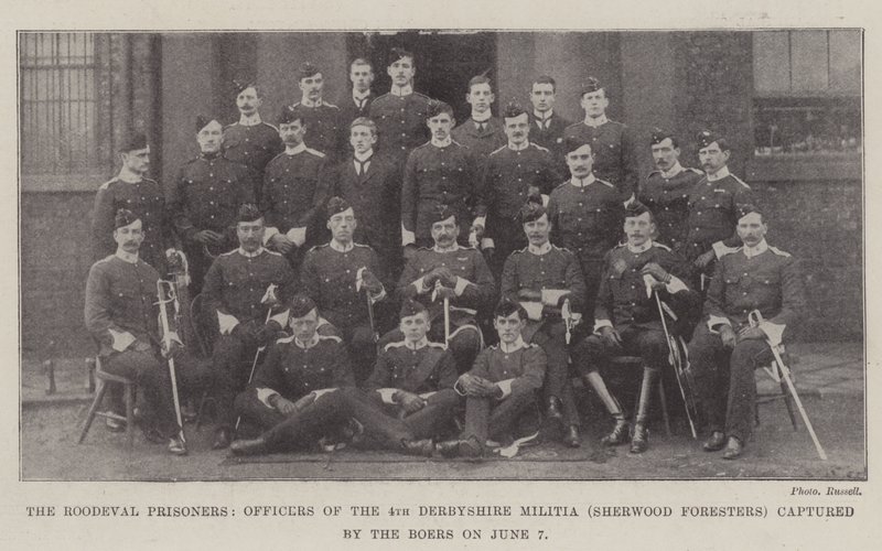 Die Roodeval-Gefangenen, Offiziere der 4. Derbyshire-Miliz (Sherwood Foresters), gefangen genommen von den Buren am 7. Juni von English Photographer