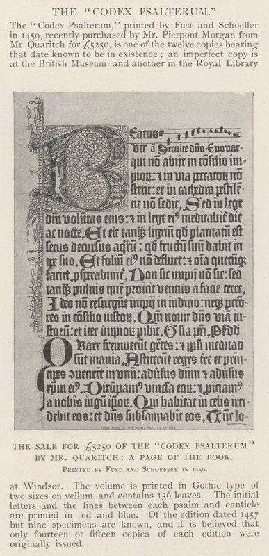 Der Verkauf des Codex Psalterum für £5250 durch Herrn Quaritch, eine Seite des Buches von English Photographer