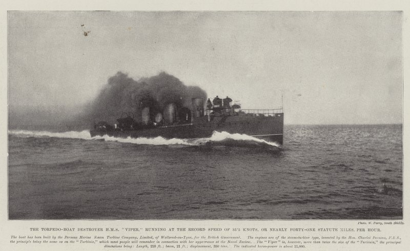 Der Torpedoboot-Zerstörer HMS Viper, der mit einer Rekordgeschwindigkeit von 35,5 Knoten oder fast einundvierzig Meilen pro Stunde fährt von English Photographer