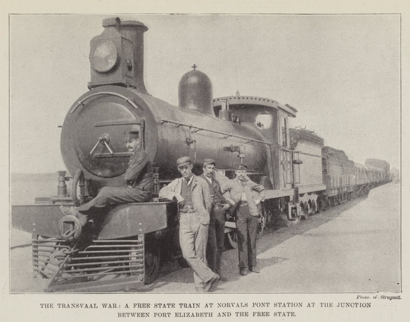 Der Transvaal-Krieg, ein Zug des Freistaats am Bahnhof Norvals Pont an der Kreuzung zwischen Port Elizabeth und dem Freistaat von English Photographer