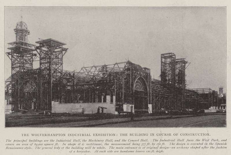 Die Wolverhampton Industrieausstellung, das im Bau befindliche Gebäude von English Photographer
