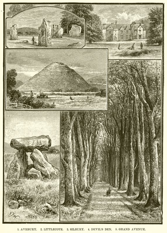 1. Avebury. 2. Littlecote. 3. Silbury. 4. Teufels Den. 5. Große Allee von English School