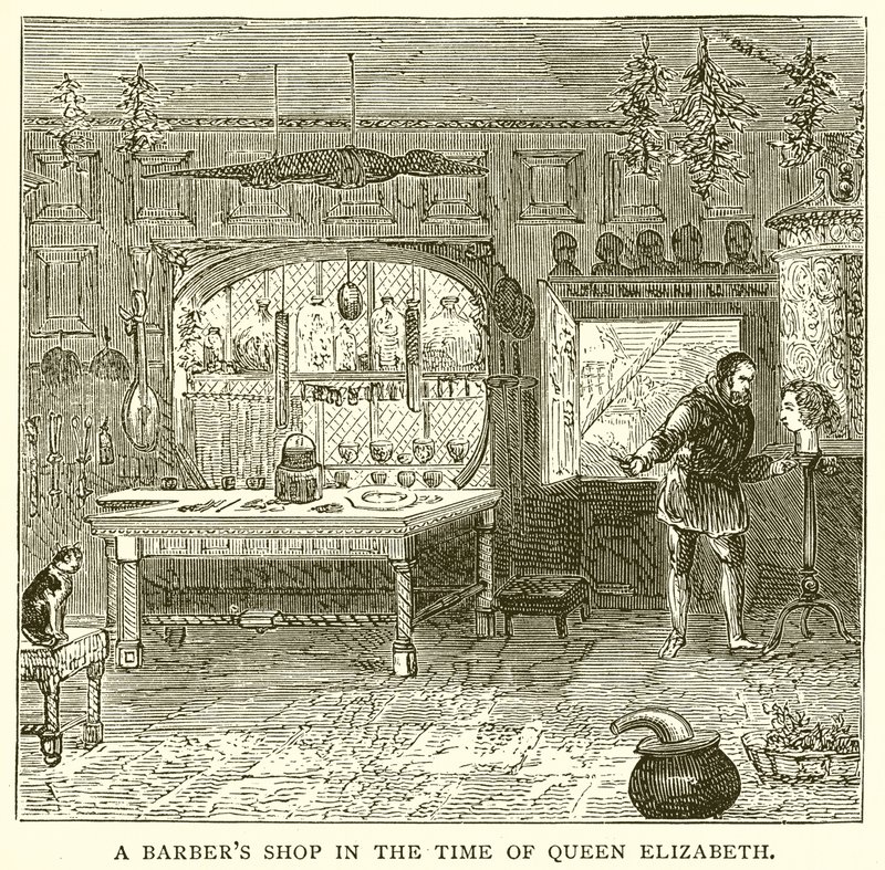 Ein Friseursalon zur Zeit von Königin Elizabeth von English School