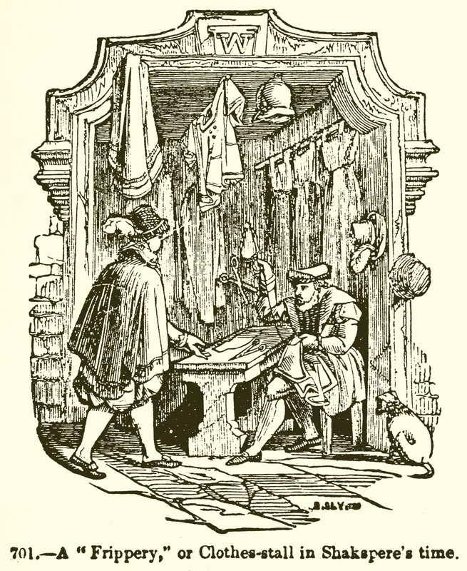Ein Trödelmarkt oder Kleiderstand zur Zeit Shakespeares von English School