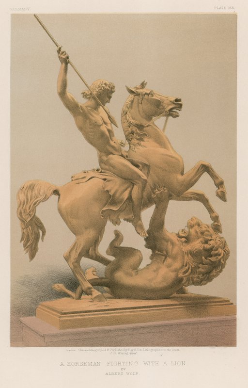 Ein Reiter, der mit einem Löwen kämpft von Albert Wolf von English School