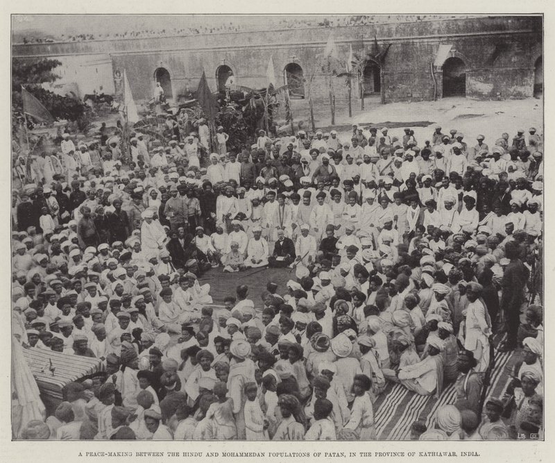 Friedensschluss zwischen der hinduistischen und mohammedanischen Bevölkerung von Patan, in der Provinz Kathiawar, Indien (Gravur) von English School
