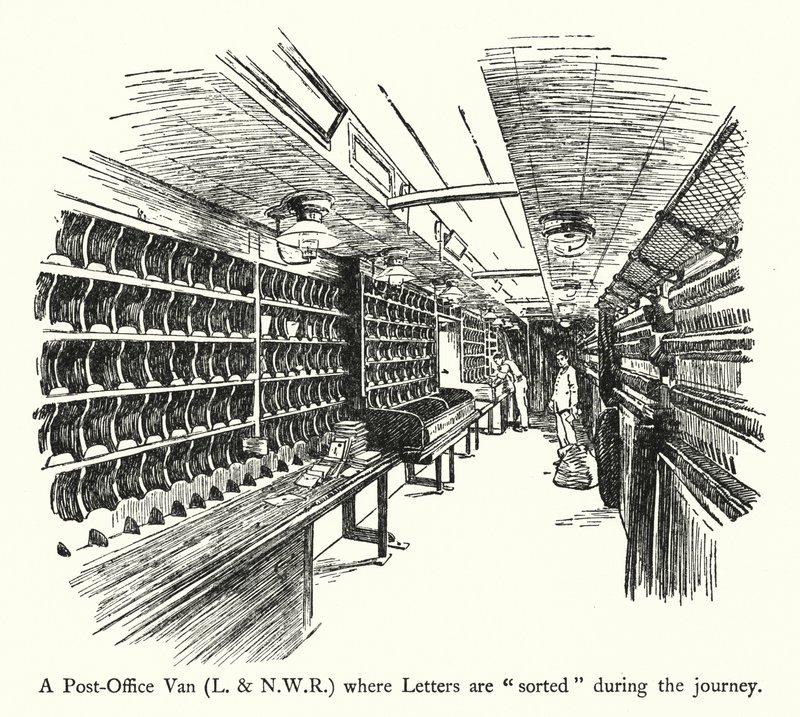 Ein Postwagen, L und NWR, wo Briefe während der Fahrt sortiert werden (Lithographie) von English School