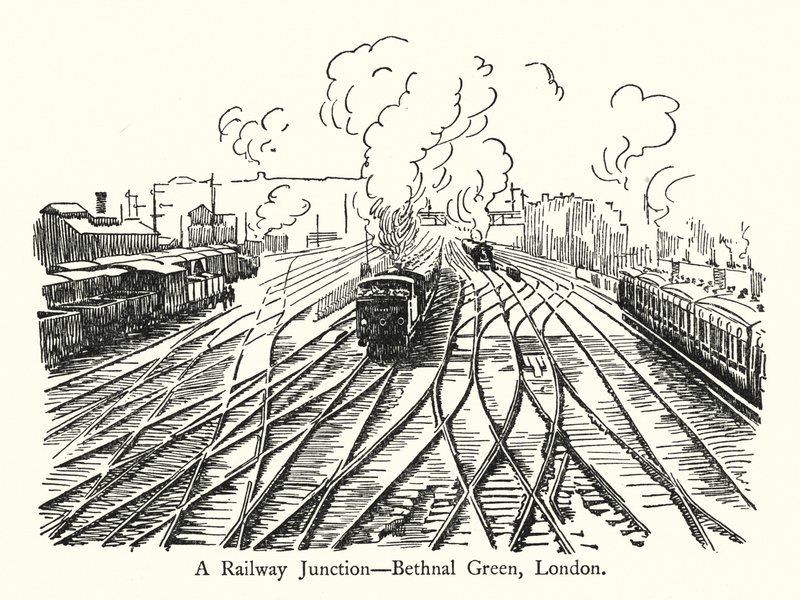 Ein Eisenbahnknotenpunkt, Bethnal Green, London (Lithographie) von English School