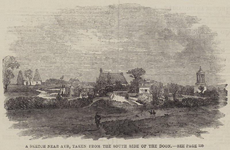 Eine Skizze in der Nähe von Ayr, aufgenommen von der Südseite des Doon (Gravur) von English School