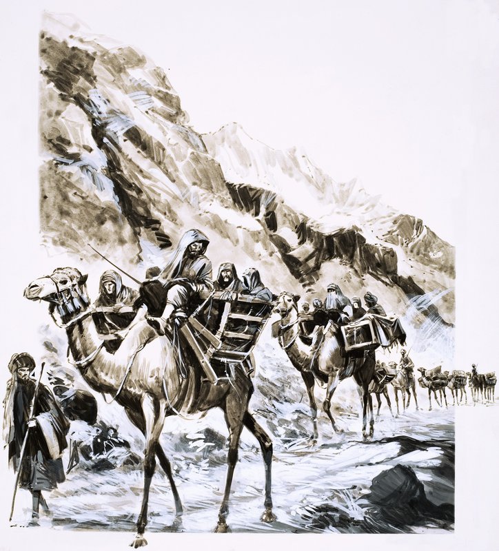 Eine Kamelkarawane reist durch den Khyber-Pass von English School