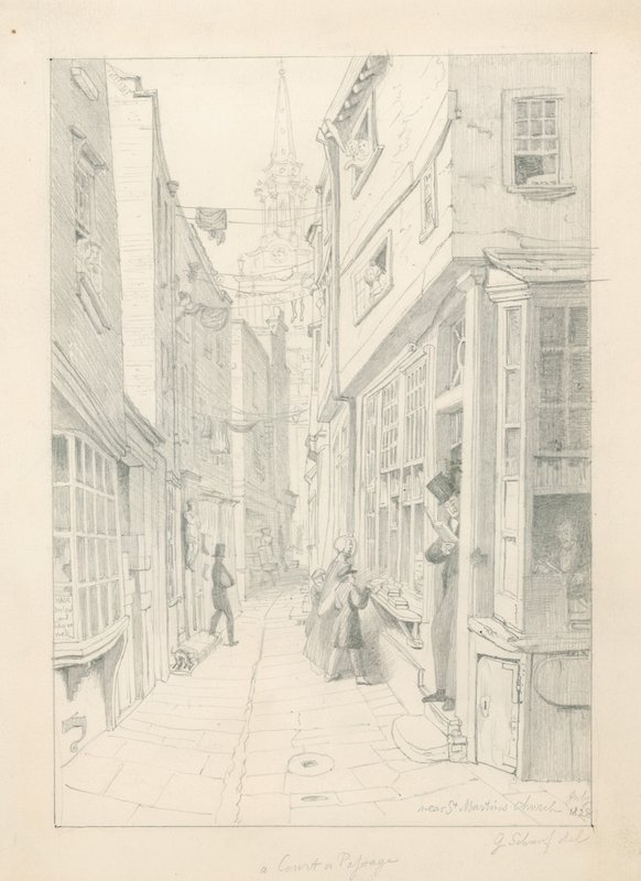 Ein Hof oder Durchgang in der Nähe der St. Martins Church, London, Juli 1828 von English School