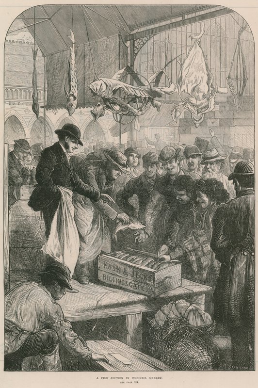 Eine Fischauktion im Columbia Market, London von English School