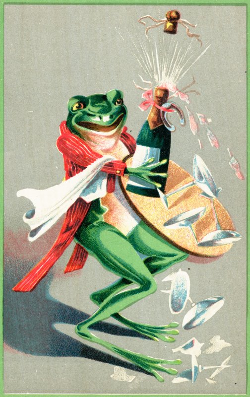 Ein Frosch trägt ein Tablett mit Gläsern und einer Champagnerflasche von English School
