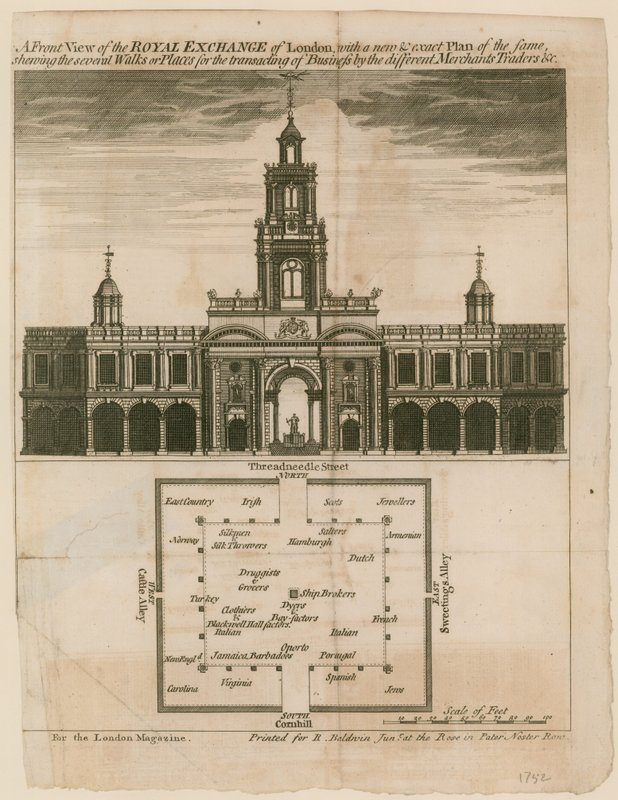 Eine Vorderansicht der Royal Exchange von London mit einem neuen und genauen Plan derselben von English School