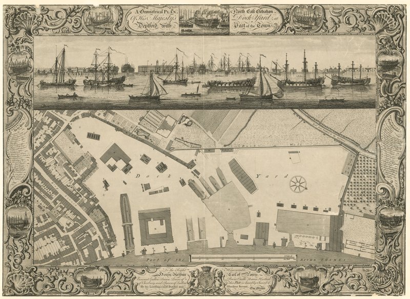 Ein geometrischer Plan und Nordostansicht der Werft Seiner Majestät in Deptford mit einem Teil der Stadt von English School