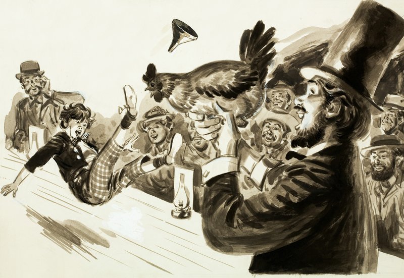 Ein Zauberer zaubert ein Huhn auf der Bühne von English School