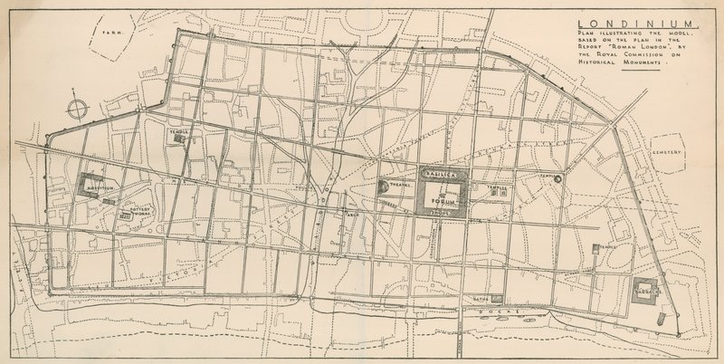 Eine Karte des Modells von Römisch-London in der Ausstellung in der Unterkirche von All-Hallows-by-the-Tower von English School