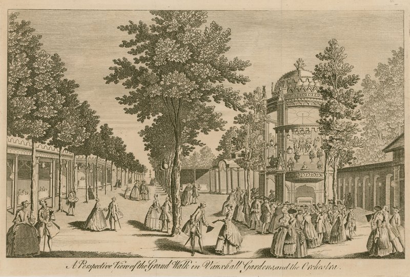 Eine perspektivische Ansicht des Grand Walk in den Vauxhall-Gärten, London, und des Orchesters von English School