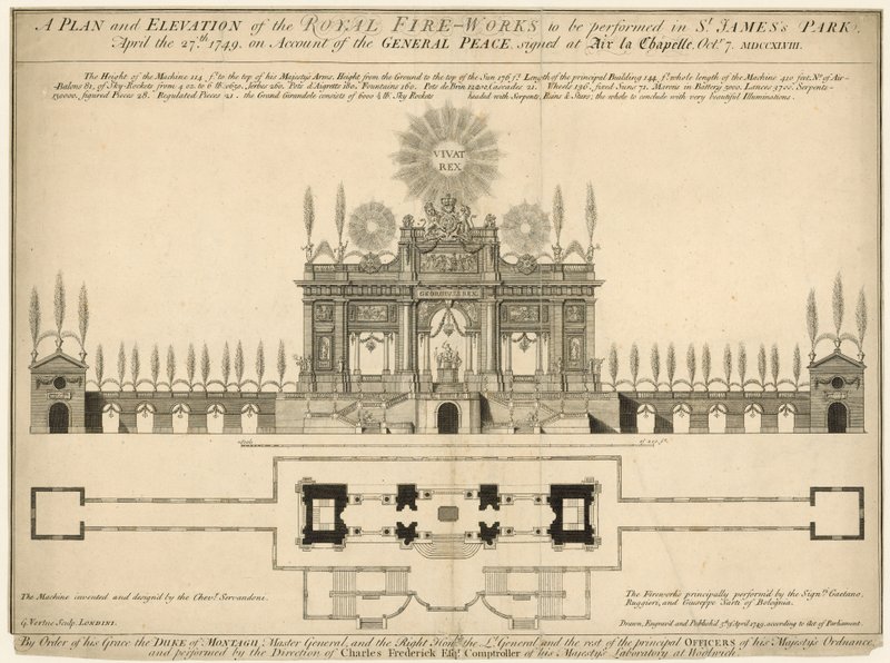 Ein Plan und eine Ansicht des königlichen Feuerwerks, das am 27. April 1749 im St James