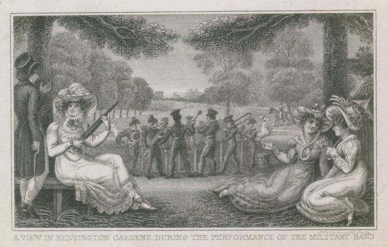 Eine Ansicht der Kensington Gardens, London, während der Aufführung der Militärkapelle von English School