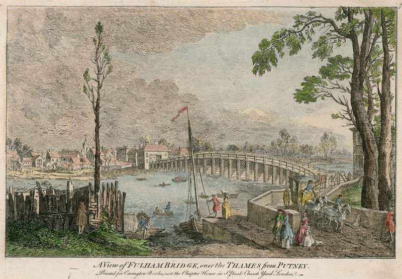 Eine Ansicht der Fulham-Brücke, London, über die Themse von Putney von English School