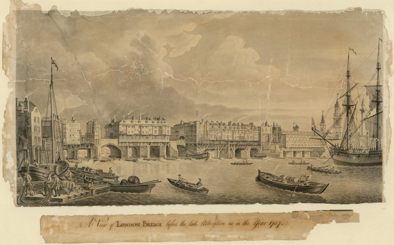 Ansicht der London Bridge vor der letzten Änderung im Jahr 1757 von English School
