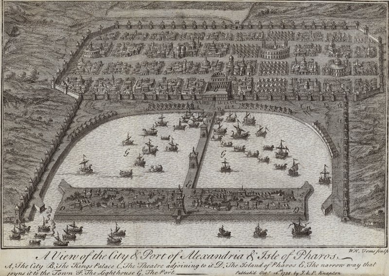 Ansicht der Stadt und des Hafens von Alexandria und der Insel Pharos, Ägypten, 1738 von English School